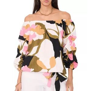 Vince Camuto Floral Print Off Shoulder Bubble Sleeve Tie Front Top XS Romantic